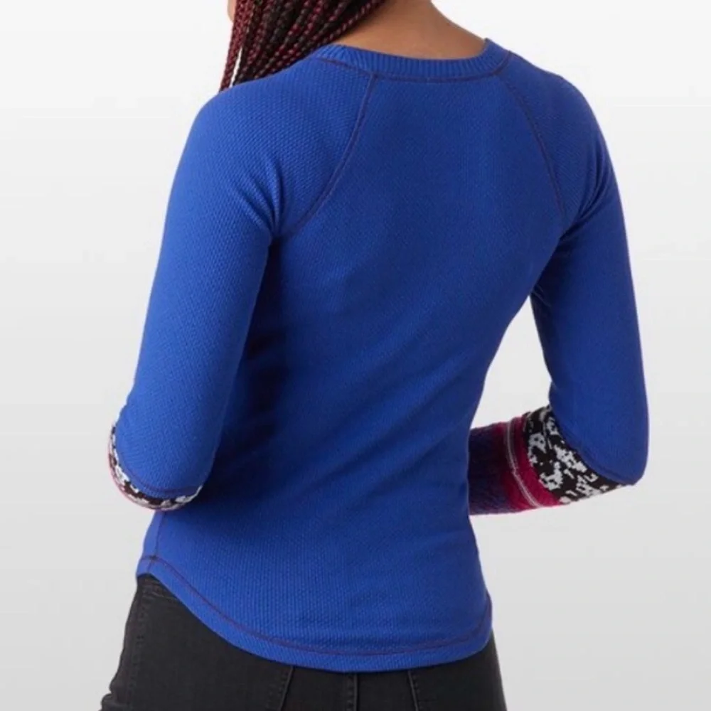 Free People Cobalt Blue Thermal Top with Pink & Black Patterned Sleeves